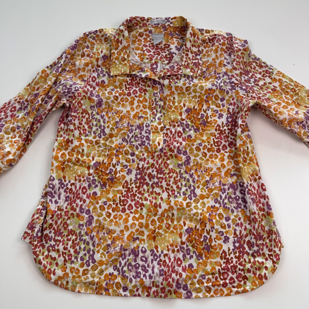 Chicos No-Iron Chic Stretch Leopard Print Shirt Orange Purple Size 2 Large